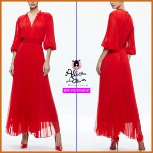 Alice + Olivia Vernia Blouson Sleeve Pleated Ruby Red Maxi Dress